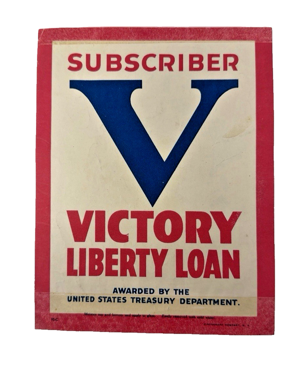 WWI Victory Liberty Loan Subscriber Window Sign Poster US Treasury 8.25x6.5
